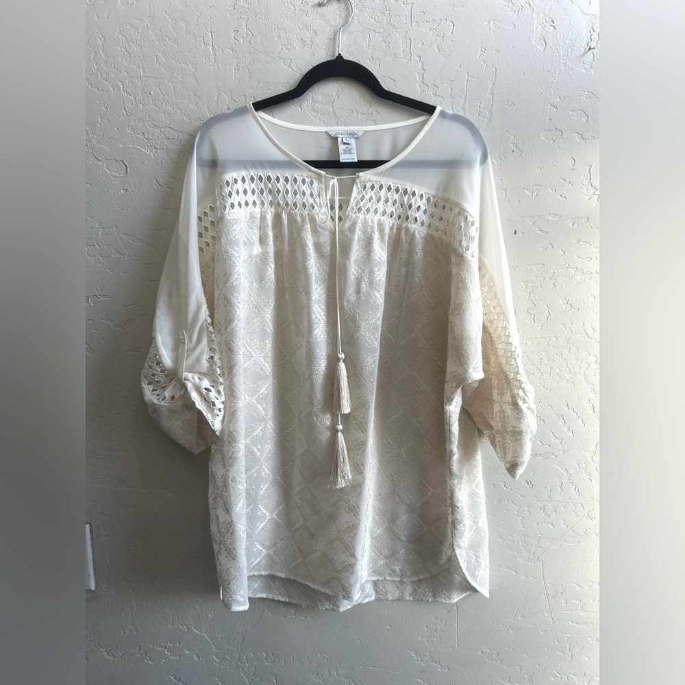 John Mark Cream Flutter Sleeve Blouse with Tie Front